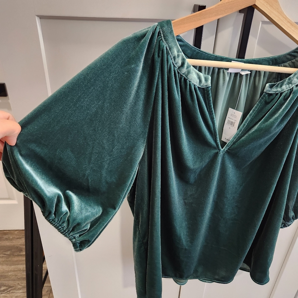 Gap Puff Sleeve Green Velvet Relaxed Split Neck Top Size Large - Picture 4 of 9